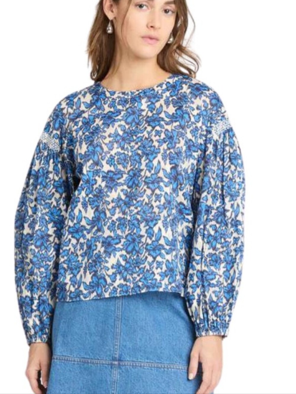 Tanya Taylor Alice Top Blouse Shirt Blue White Stitch Cotton Size S Long Sleeve